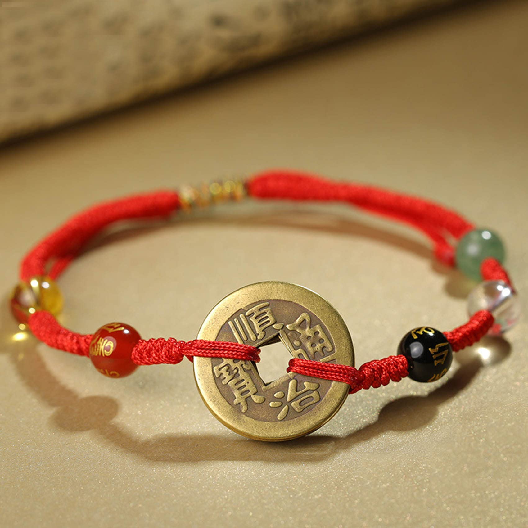Pulsera Feng Shui Tobillera Pulsera de Hilo Rojo Cinco Monedas Antiguas Amuletos de la Suerte Pulsera Cuentas de Riqueza Pulsera de Cristal Pulsera Budista Hecha a Mano Ajustable