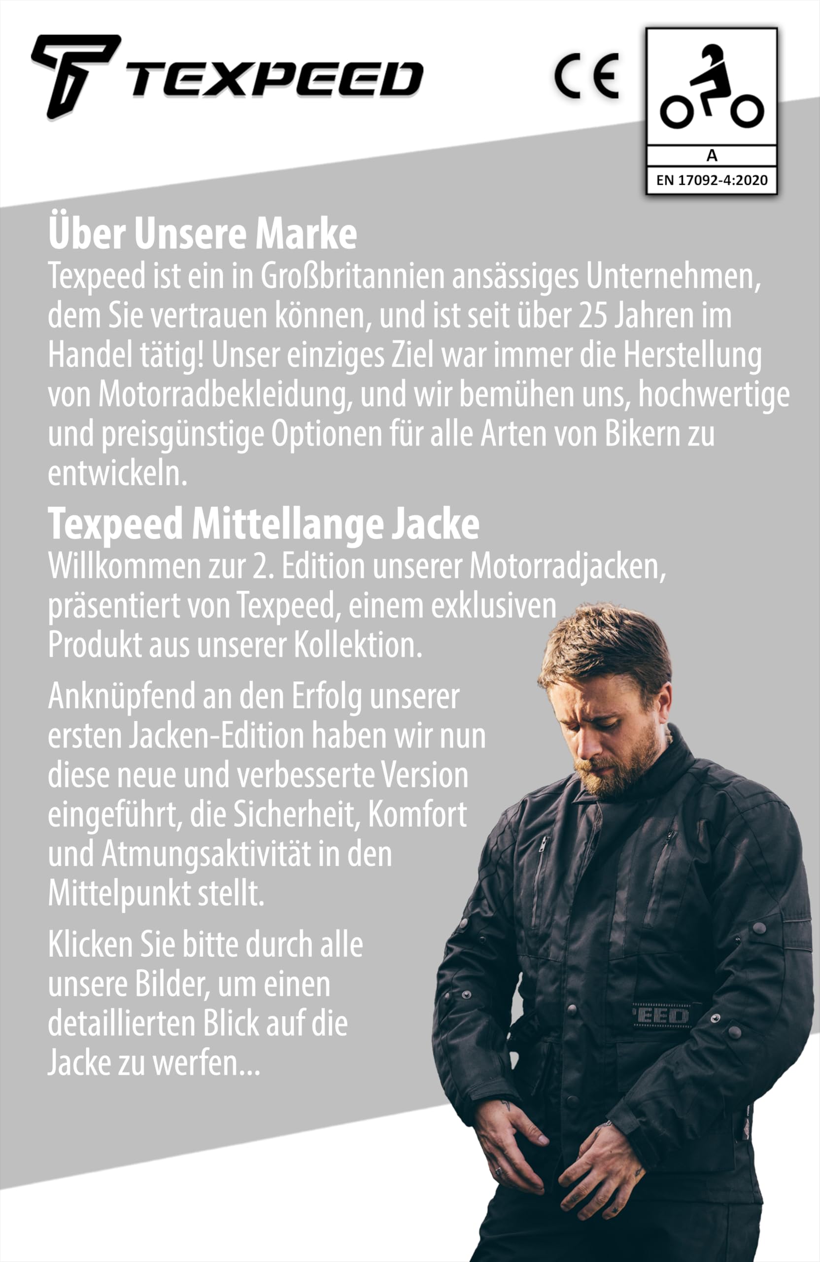 Texpeed Motorradjacke herren mit protektoren - Motorrad Biker Wasserdicht Jacke Mit Rüstung (EN 1621-1) Schwarz - XXL