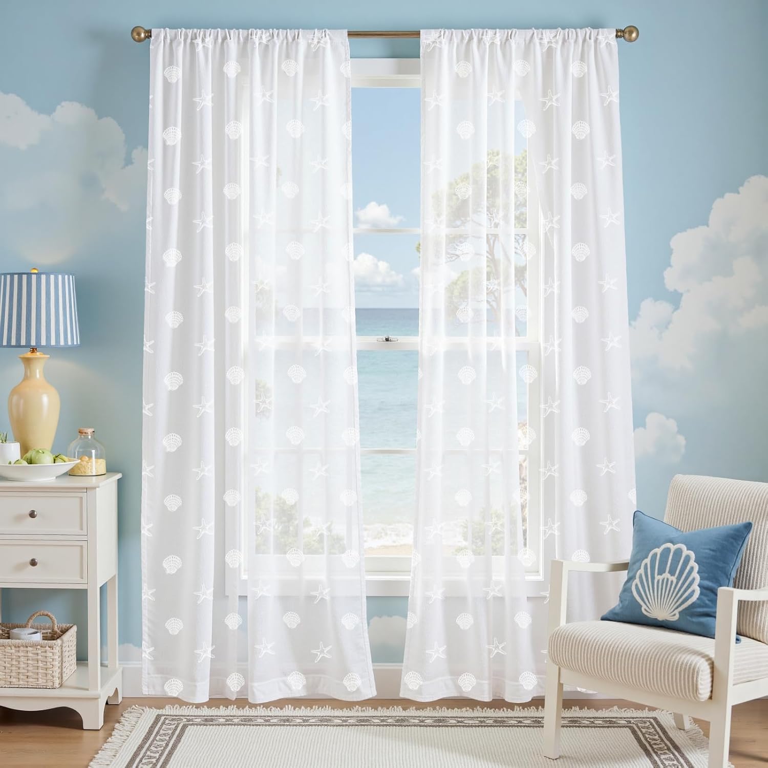 Vangao White Sheer Curtains for Living Room Coastal Themed Curtains for Bedroom Nursery Beach Cabin 84 Inch Long Drapes Seashell Starfish Patterned Window Treatments for Summer 2 Panels