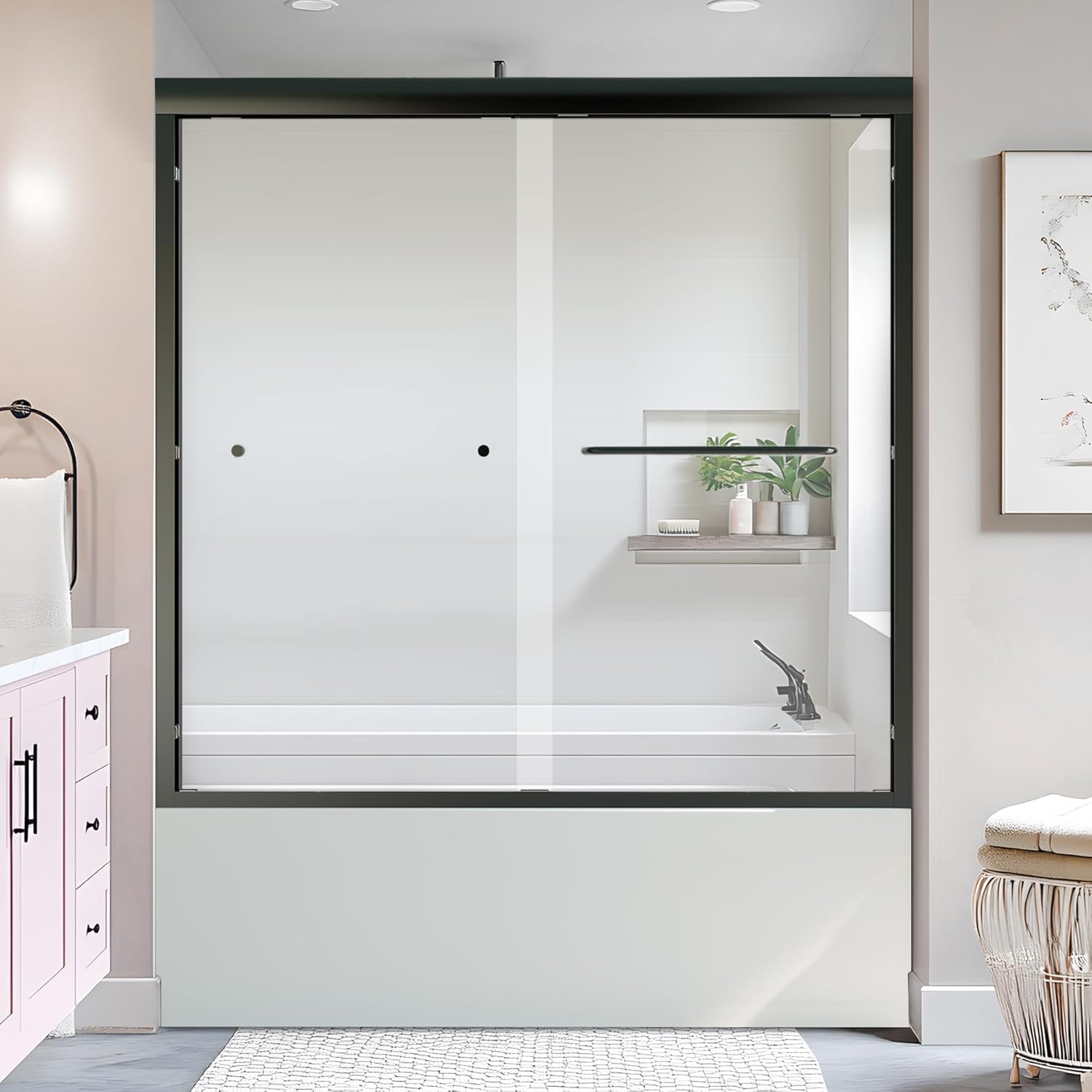 NicBex Shower Door for Bath Tub 56-60" W x 58" H Semi-Frameless Double Sliding Bathtub Glass Doors, 1/4" SGCC Tempered Glass and Stainless Steel Handle for Bathroom, Classic Black