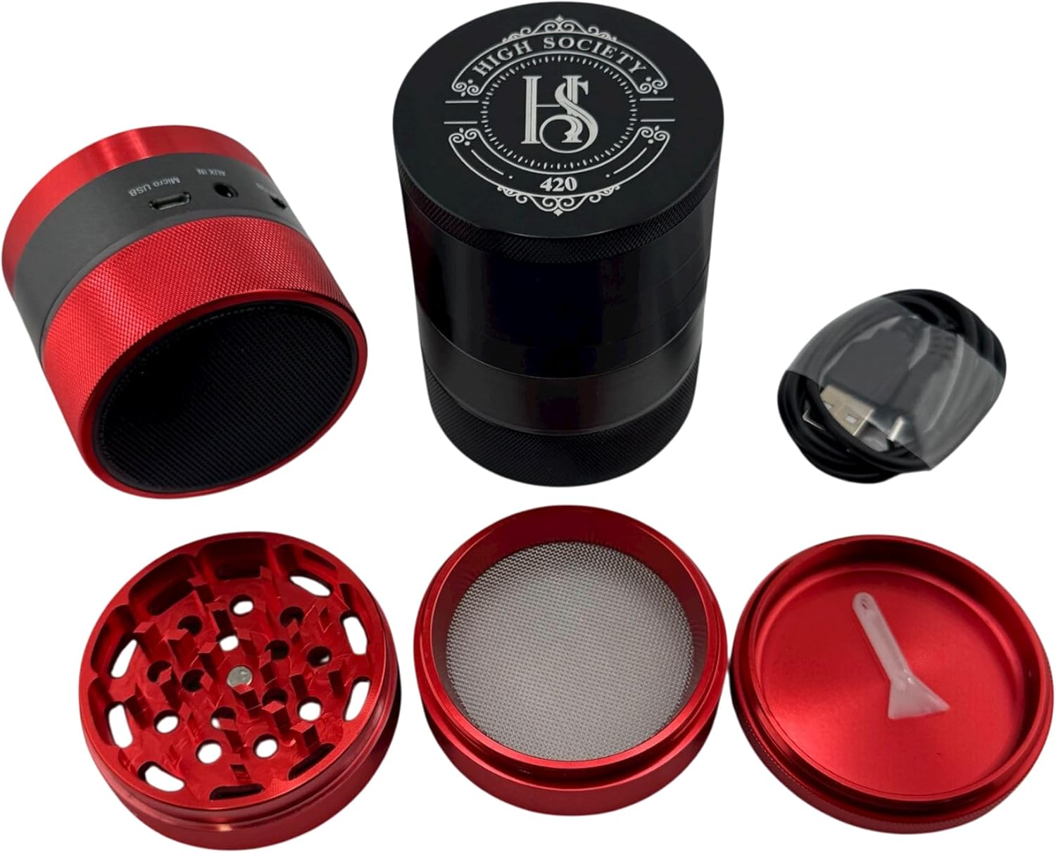 Multifunction Bluetooth Speaker with LED Light Show & 4-Part Aluminum Grinder | Rechargeable Portable Speaker Accessory (Black)