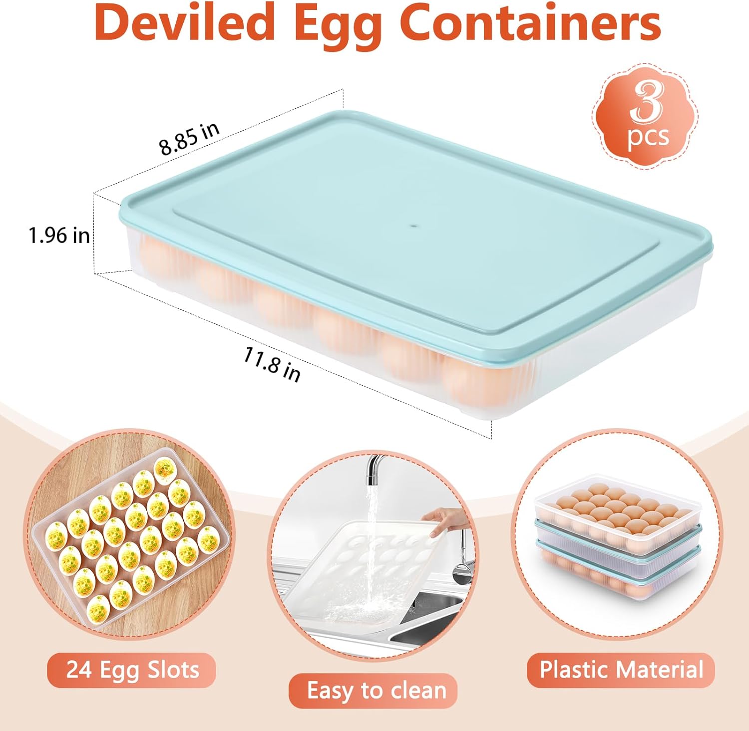 FACULX 3 Pack Deviled Egg Containers with Lid and 8 Pcs Deviled Egg Injector Piping Tool, Egg Organizer for Refrigerator, Fridge Stackable Countertop Portable Egg Platter Suitable for Easter (Blue)