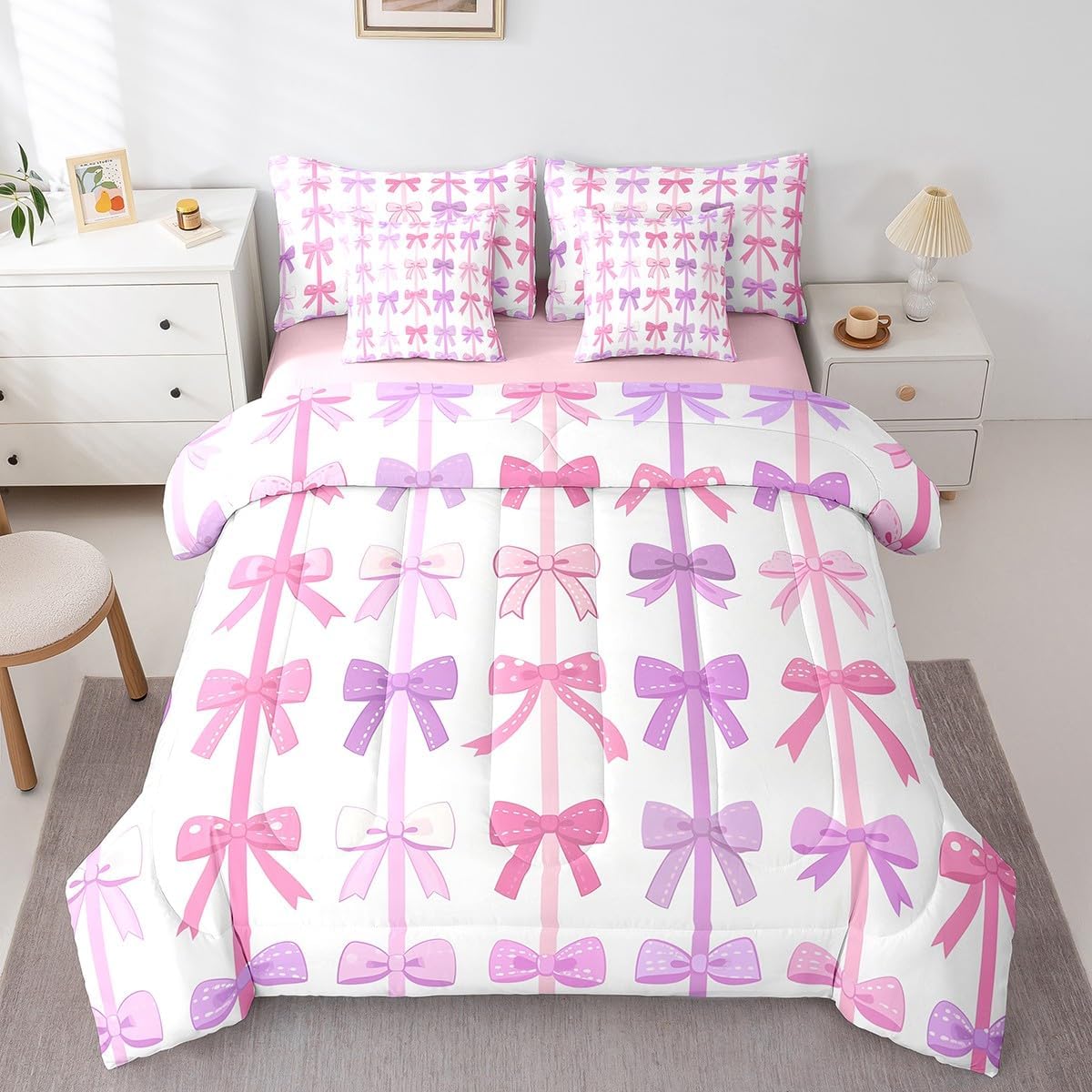 jejeloiu Kids Pink Bowknot Comforter Set with Sheets Full Size, Purple Bowknot Bed in a Bag 7 Pieces Boys Girls Delicate Bowknot Bed in a Set Teens Bedroom Decor 7Pcs