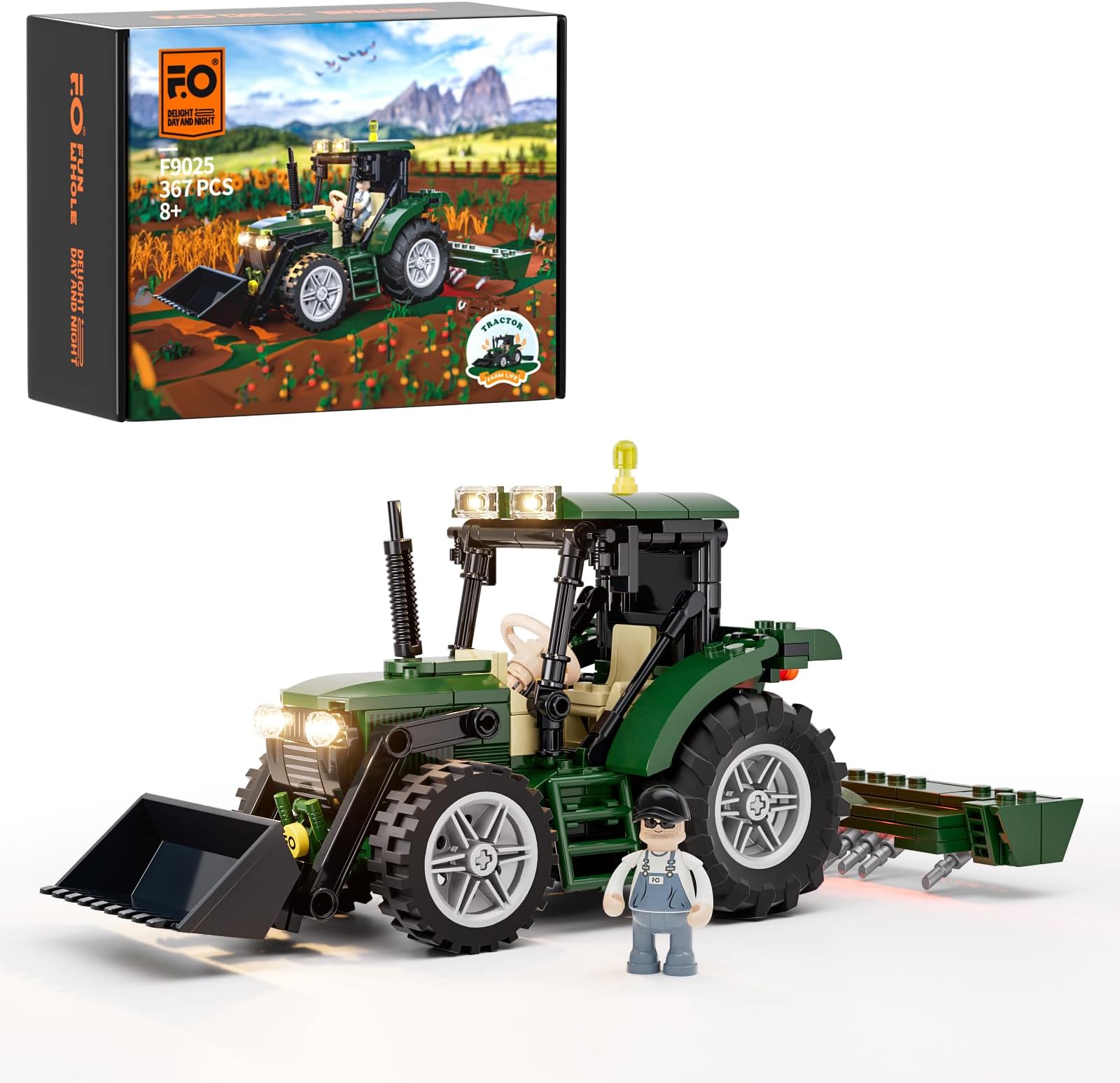FUNWHOLE Farm Tractor Lighting Building-Bricks Set - Retro Tractor Model with Minifigure LED Light Building Set 367 Pcs for Adults and Teen
