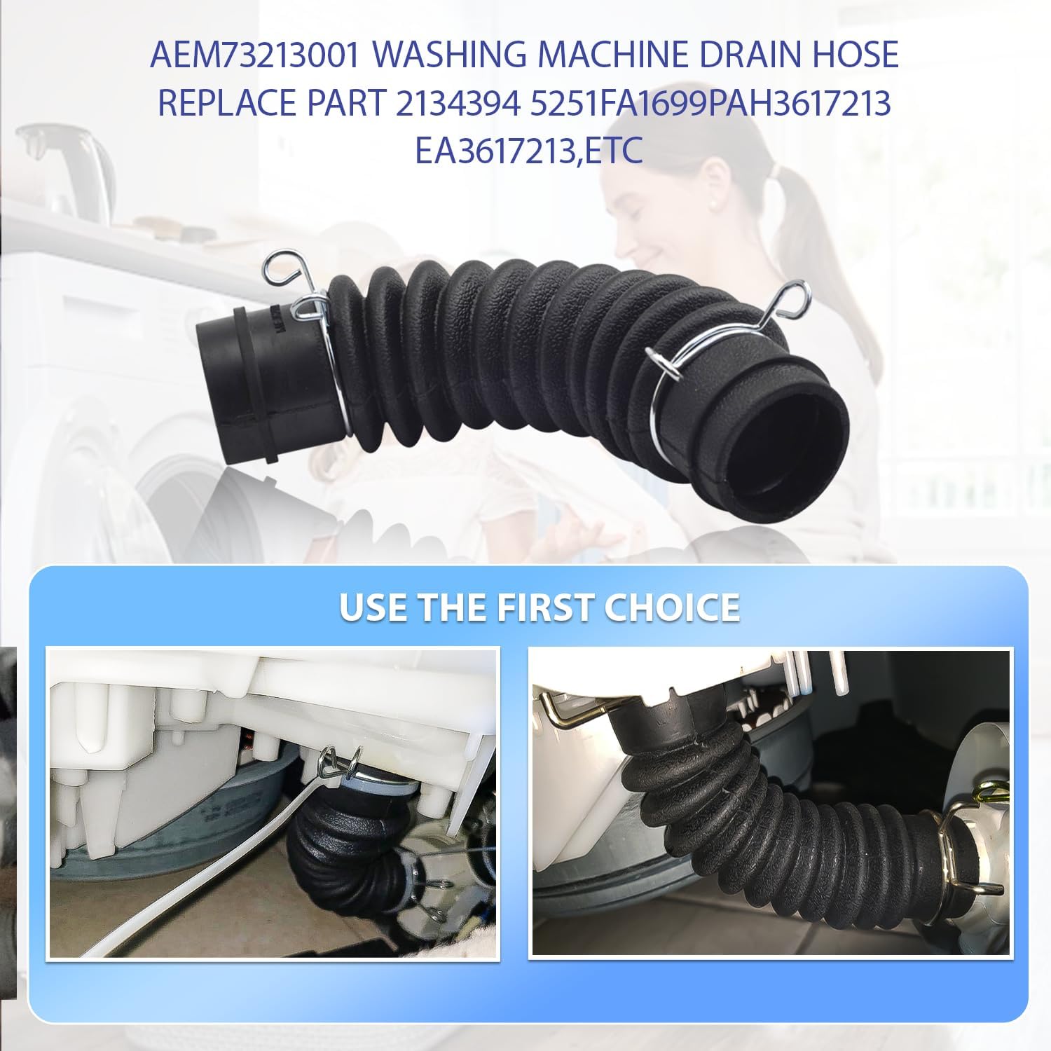 Washer Drain Hose AEM73213001 For LG Washing Machines Drain Hose,Tub to Pump Drain With 2 Stainless Steel Hose Clamps