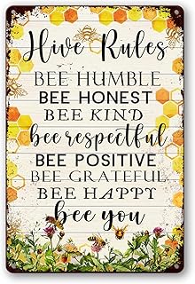 Weasval Bee Decor Hive Rules Sign, Bee Tin Metal Signs Bee Kind Sign Bumble Bee Metal Tin Sign Poster Wall Plaque Funny Home Decor Garden Yard Floral 8x12 Inch