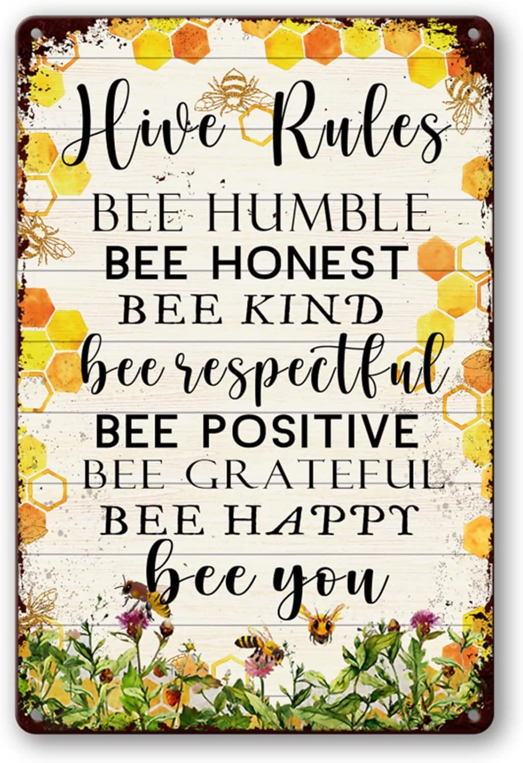 Kisoyo Bee Decor Hive Rules Sign, Bee Tin Metal Signs Bee Kind Sign Bumble Bee Classroom Decorations For Home, Kitchen, Farm, Outdoor And Garden Wall Decor 8X12 Inch