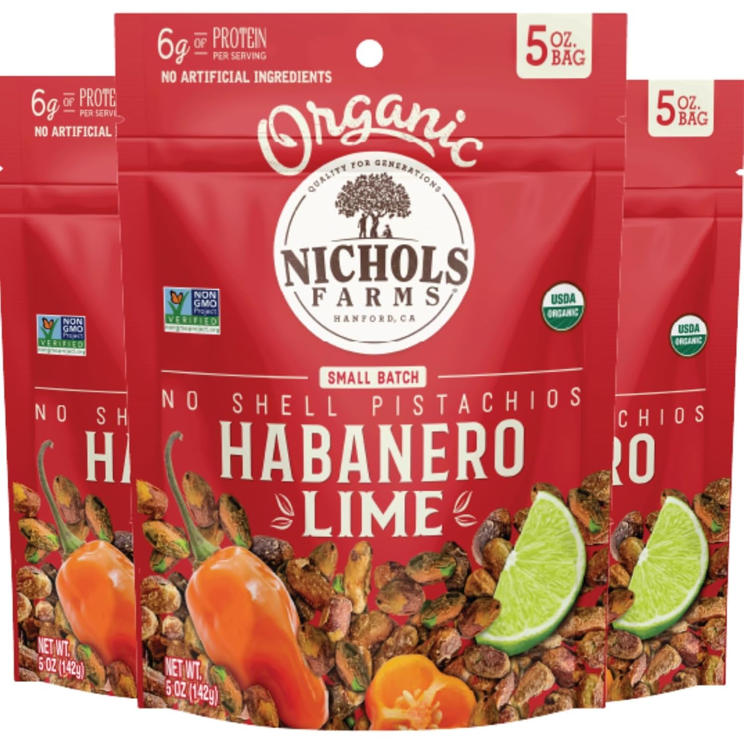 Nichols Farms Roasted with Sea Salt No Shell Pistachios, Kosher, USDA Certified Organic, Non-GMO, 6 Oz (Pack of 3)