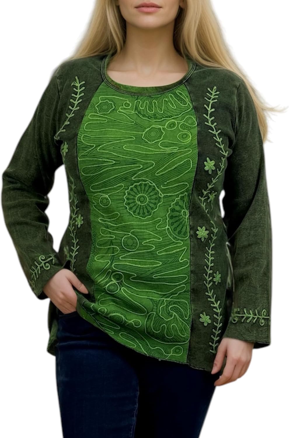 Agan Traders 2026 Boho Rib Knit Cotton Stonewashed Embroidered Tops - Tie-dye Long Sleeve Women's Blouses Sweatshirts