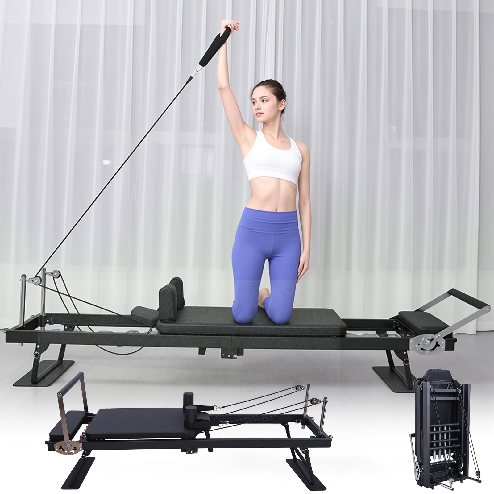 Masiunoz Foldable Pilates Reformer, Home Fitness Pilates Machine, Aluminum Sliding High Platform Design, 120kg Load Capacity Portable Roller, 197cm Multifunctional Yoga Studio Exercise Equipment Bla