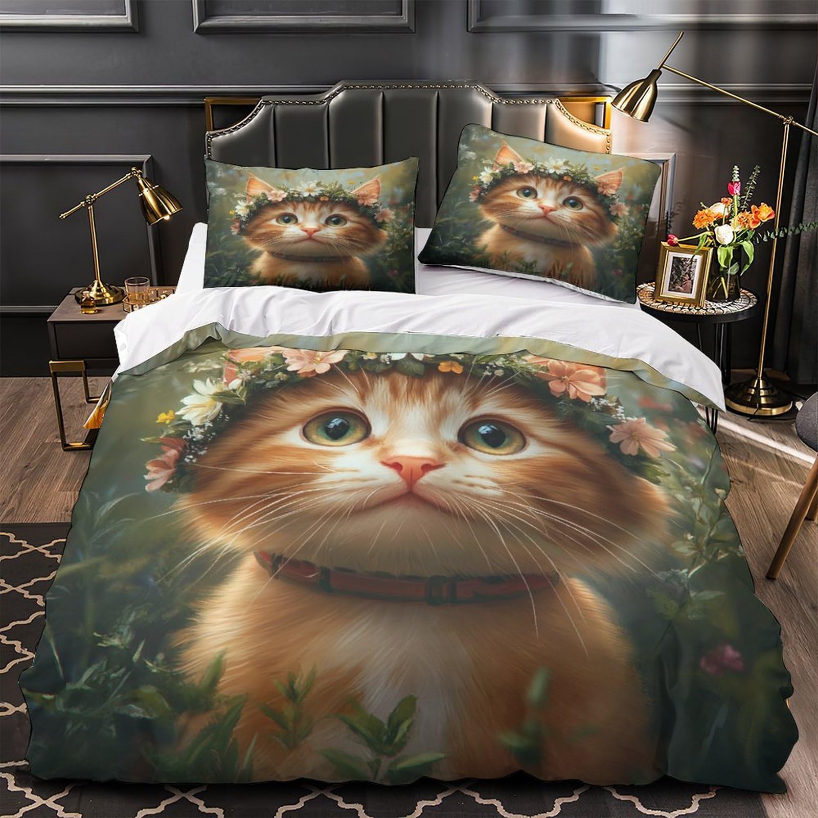 Housse de couette chat floral 3D : évadez-vous dans un jardin fantaisiste avec ce drap 260x220