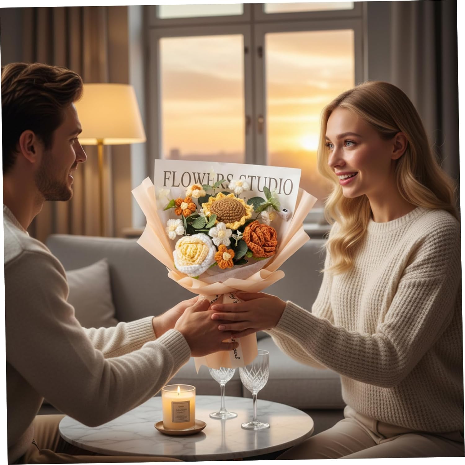 Bouquet of Crochet Flowers Crochet Flower Bouquet Knitted Roses & Tulips, Long-Lasting of Flowers for Birthday, Mother, Teacher, Champagne