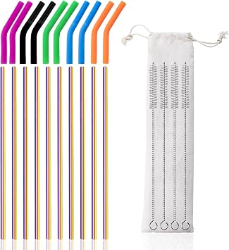 Lazycorner 10 Pcs Metal Straw Reusable 8.5" 6mm Stainless Steel Straws,20oz-32oz, Colorful Drinking Straws with Silicone Tips, 4 Straw Cleaner Brush, 1 Travel Case