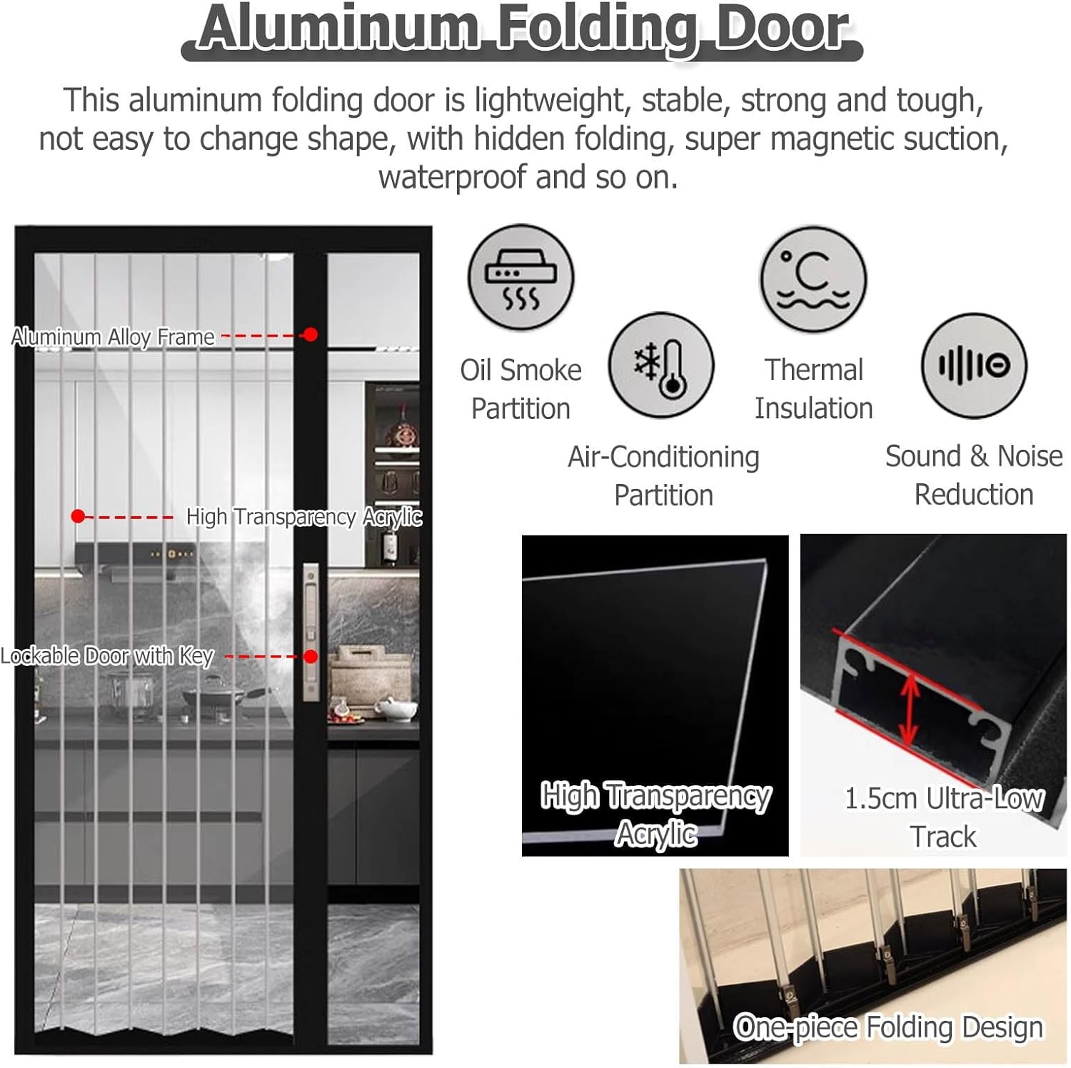 No-Drill Accordion Interior Door - 20-80in Wide Transparent Acrylic Folding Closet Door - Sound Insulating Sliding Panels (Black, 33x80in) - Easy Install, Modern Design
