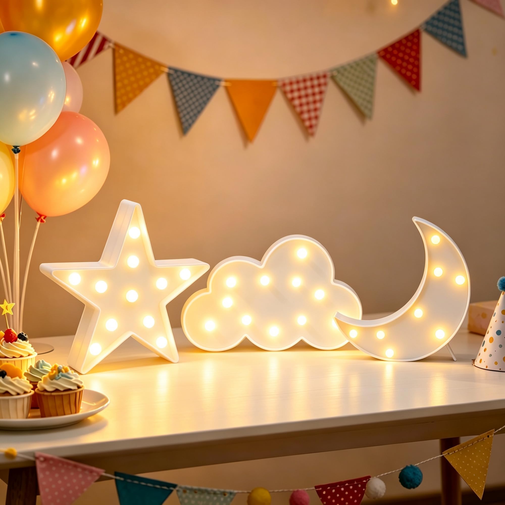 Stars Moon Clouds Logo Night Light, Plastic, White, Decorative Art Lamp