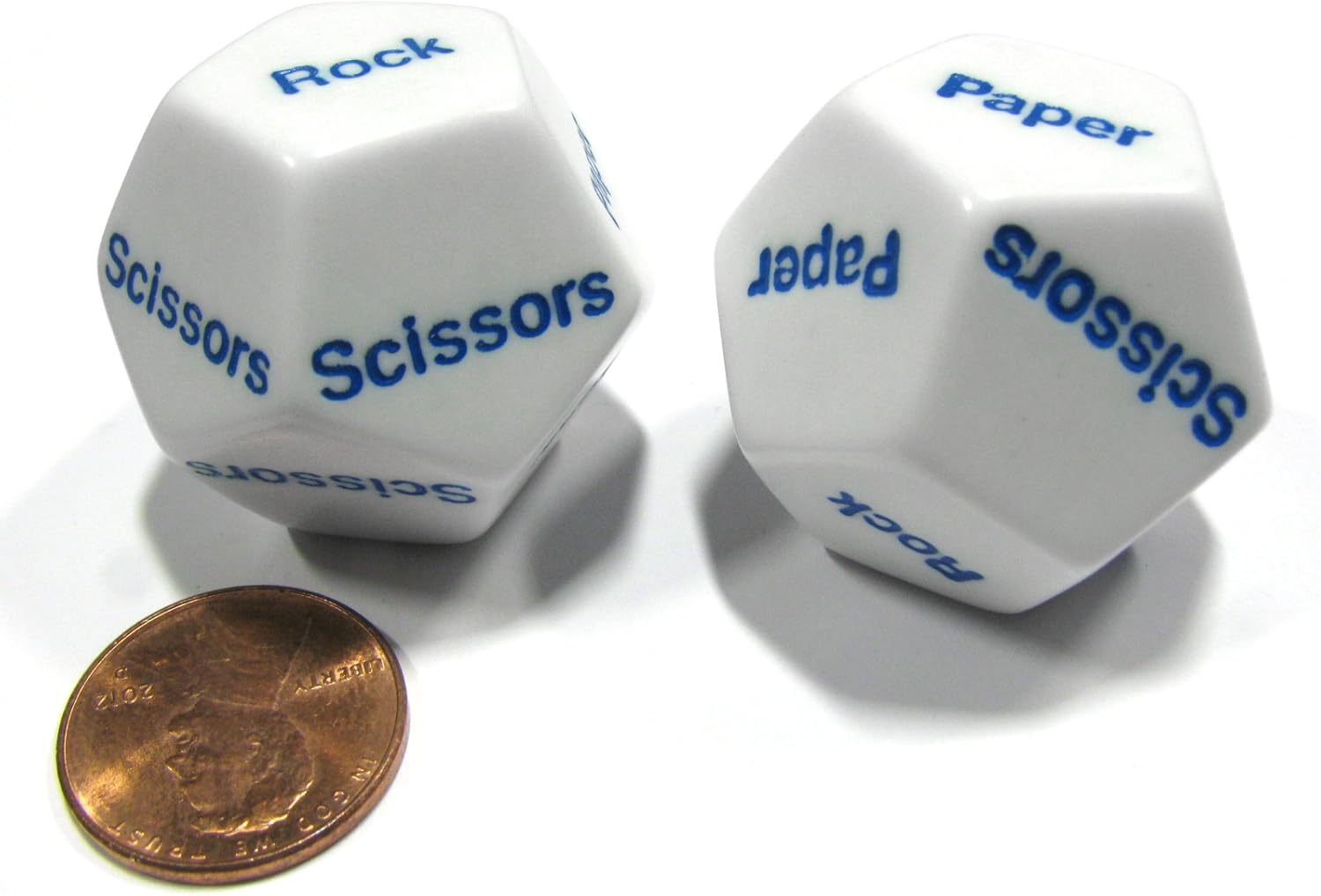 Set of 2 D12 12-Sided Rock, Paper, Scissors Game Dice - White with Blue Letters