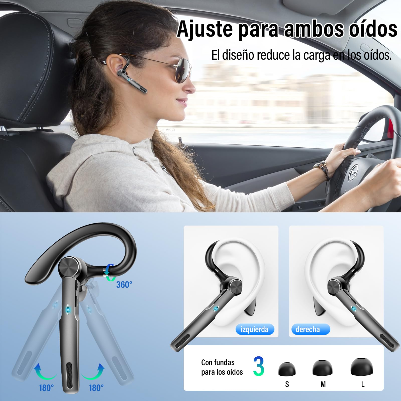 Manos Libres Auricular Bluetooth V5.3 con ENC Micrófono, 60H Hablar Pinganillo Bluetooth Movil, 2025 Auricular Inalámbrico Bluetooth con Ganchos para Negocios/Oficina, Carcasa de Carga LED, Negro