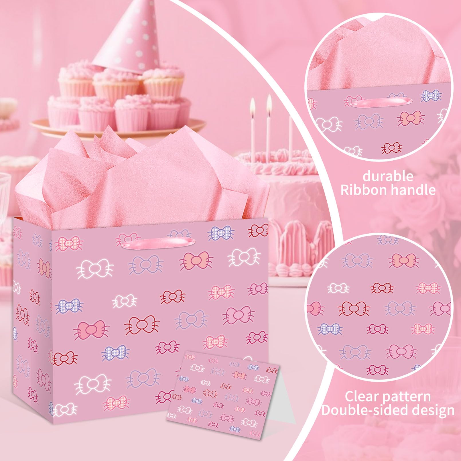 HSKMAKE Kawaii Cartoon Birthday Gift Bag for Girls, Cute Cat Theme Gift Bag with Greeting Card and Tissue Paper for Baby Shower, Birthday Party Decorations Supplies