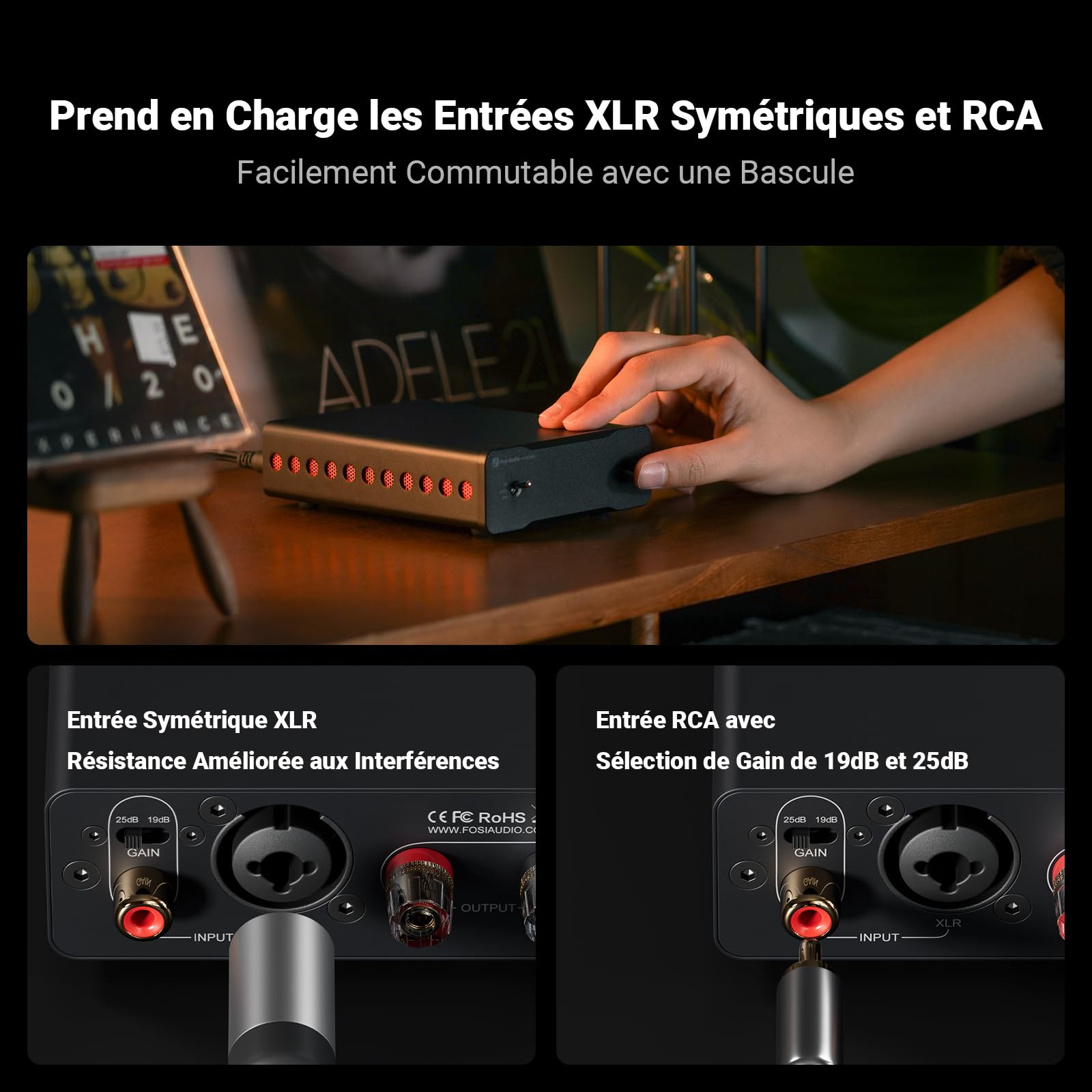 Fosi Audio V3 Mono Amplificateur de Puissance pour Haut-Parleurs Audio Domestiques, Mini Ampli Monobloc Classe D avec TPA3255, Composant Récepteur AVR 240W, Entrées Symétriques RCA/XLR avec 48V/5A