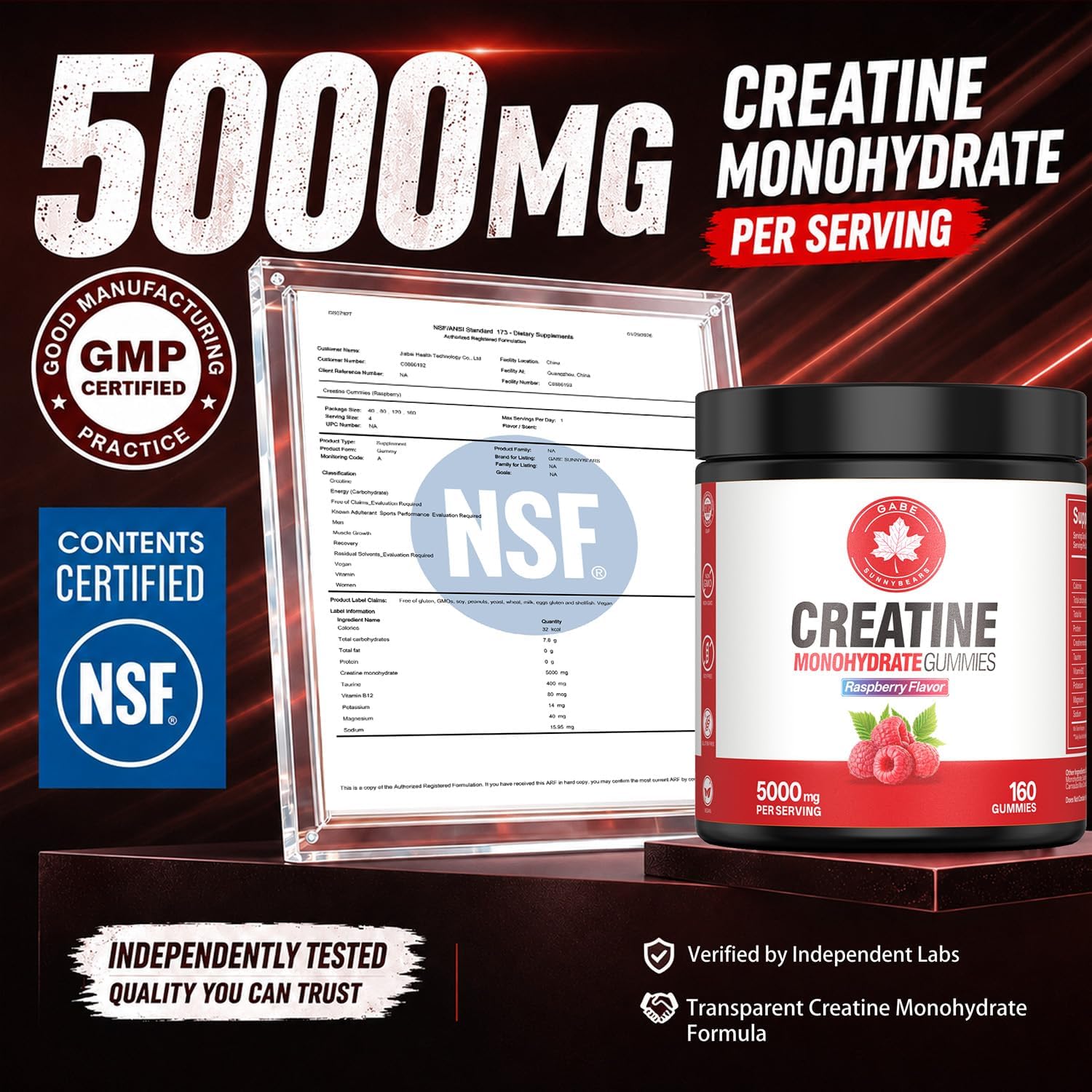 Creatine Monohydrate Gummies 5000mg Per Serving, 160 Count, NSF Certified, Muscle Growth, Strength & Recovery Support for Men & Women, Raspberry Flavor thumbnail