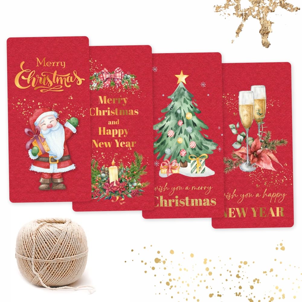 Merry Christmas Happy New Year 100 Gift Tags. 25 Each Type. Red Handmade Paper Effect Design. with Jute String for attaching to Gift Box, Cake Box.