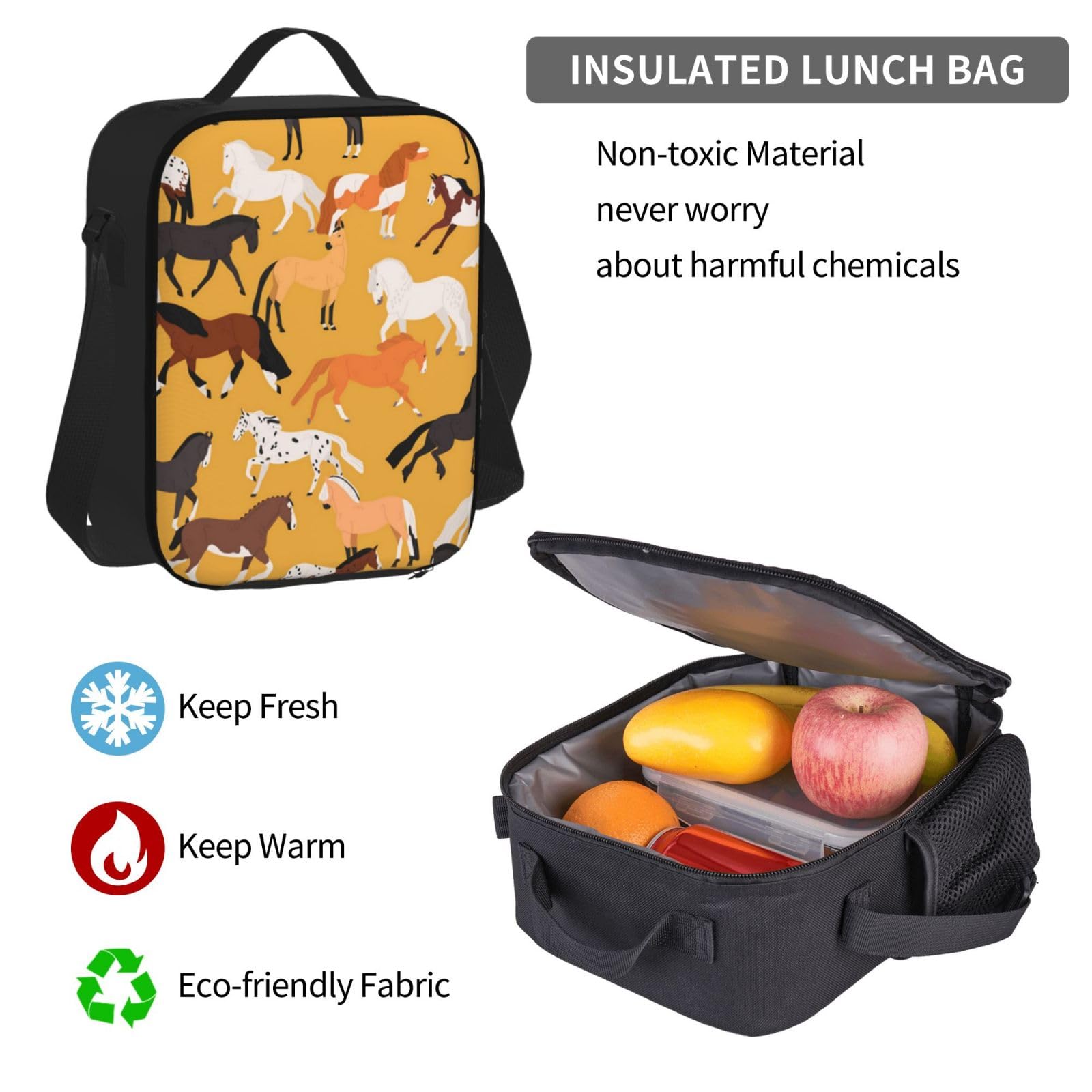 YSOLDA Juego de mochila, mochila escolar, mochila, juego de 3 piezas con bolsa de almuerzo, estuche para lápices,Varios tipos de caballos