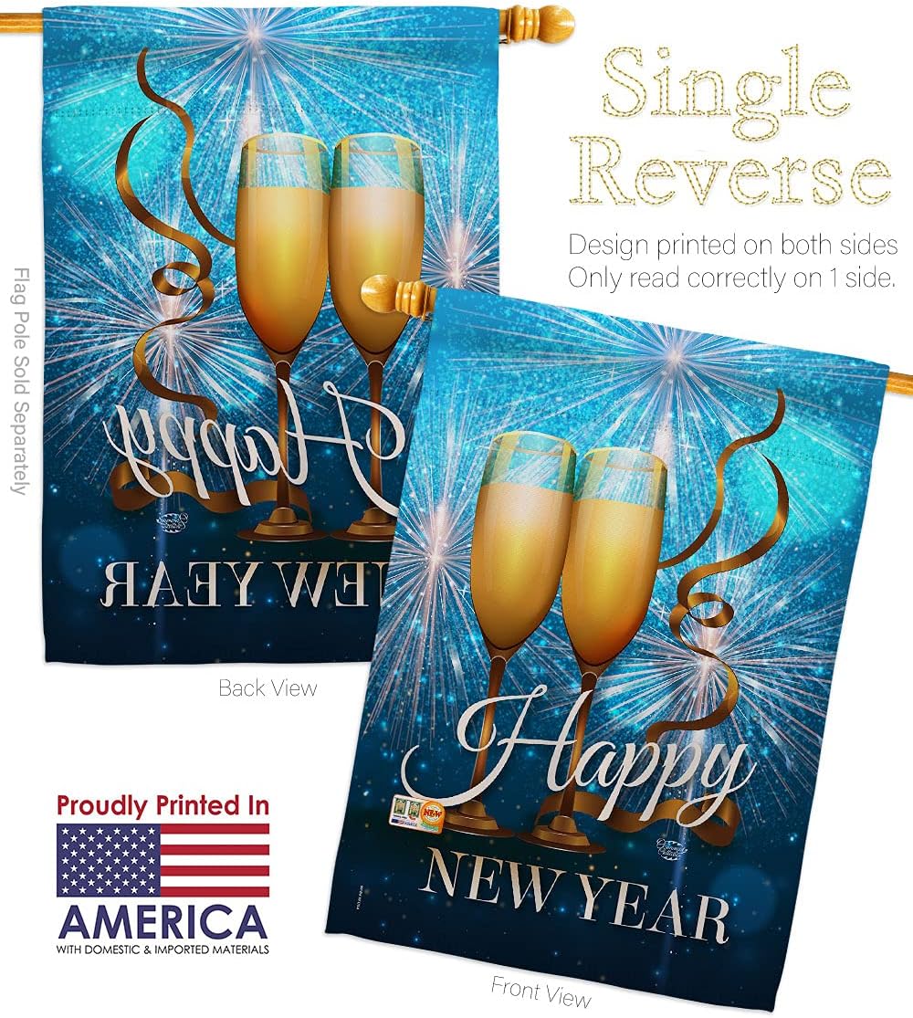 New Year Fireworks House Flag Dowel Set Clock Countdown Champagne Party Celebrate Small Decorative Gift Yard Banner Made In USA 28 X 40