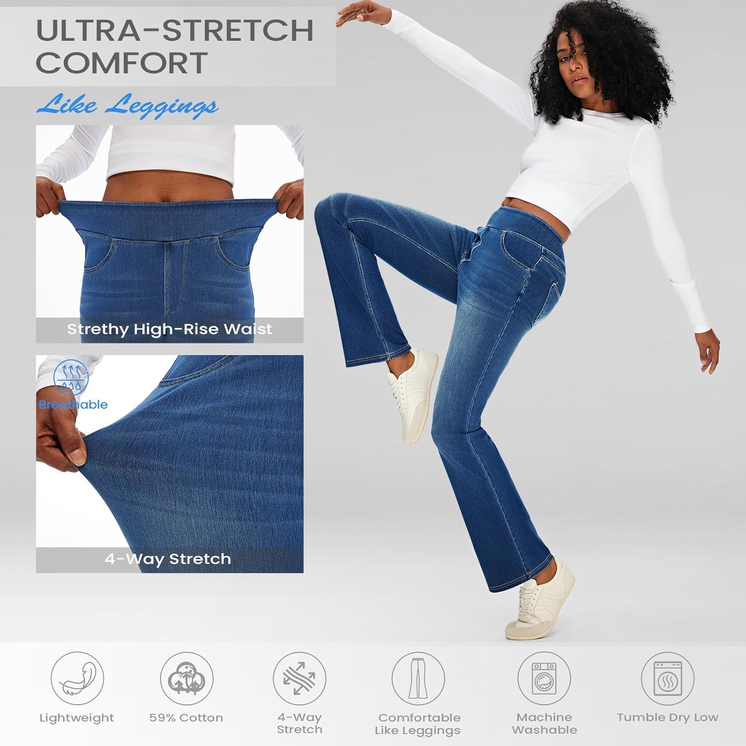 Fanica High Rise Bootcut Jeans for Women, Stretchy Pull On Elastic Waist Denim Pants - Image 4