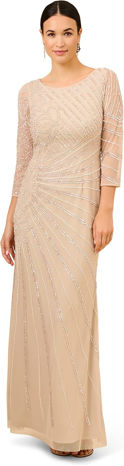 Adrianna Papell Women's Beaded Long Dress, Biscotti, 18