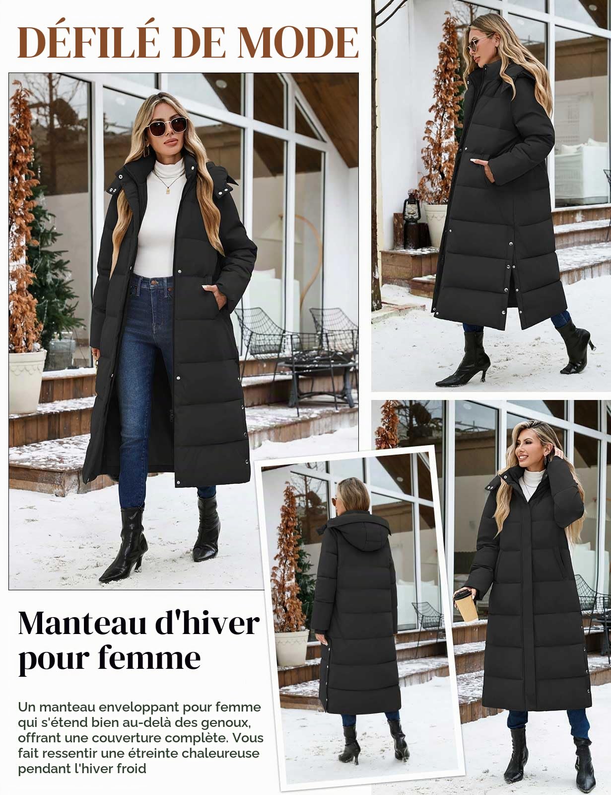 Manteau Femme Hiver Longue Doudoune Veste Matelassée Chaud Manteaux à Capuche Blouson Zippé Parka Long Jacket Casual Outercoat avec Poches