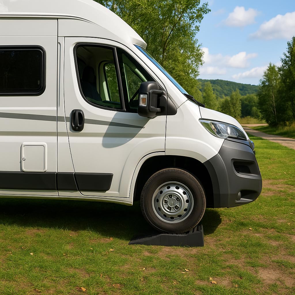 Calzos para Ruedas de Caravana y Autocaravana – Juego de 2 Calzos con Bolsa de Transporte, Antideslizantes, 3 Niveles de Altura, Soportan hasta 4 Toneladas, para Camper, Furgoneta y RV
