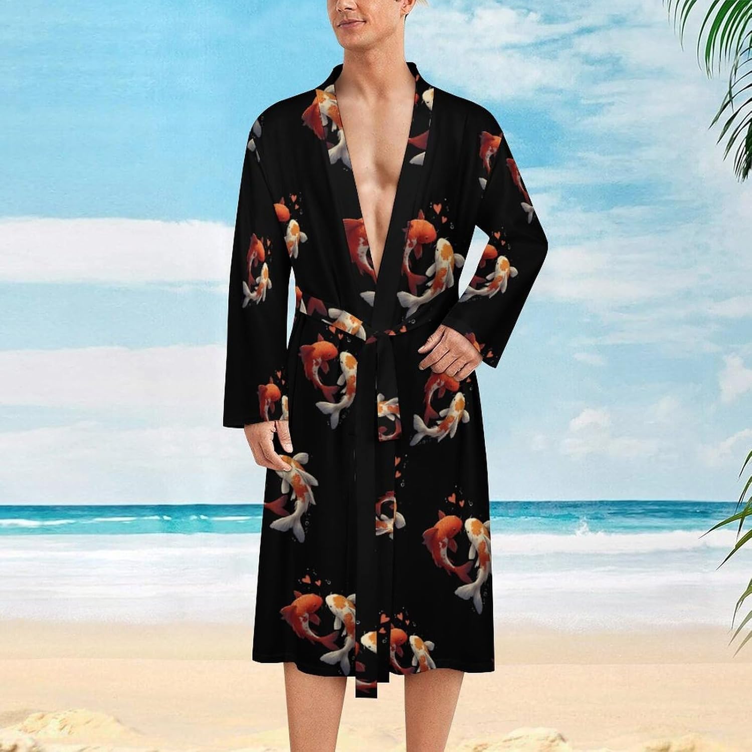 Koi1 Japanese Fish Cozy Men's Robe Soft Lightweight Long Sleeve Bathrobe Spa Robes Sleepwear