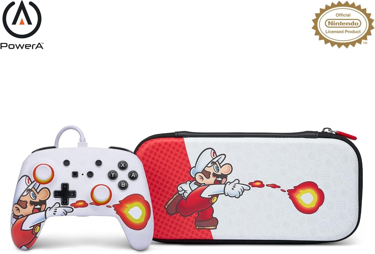 Controlador con cable mejorado PowerA y estuche delgado para Nintendo Switch: Mario Fireball