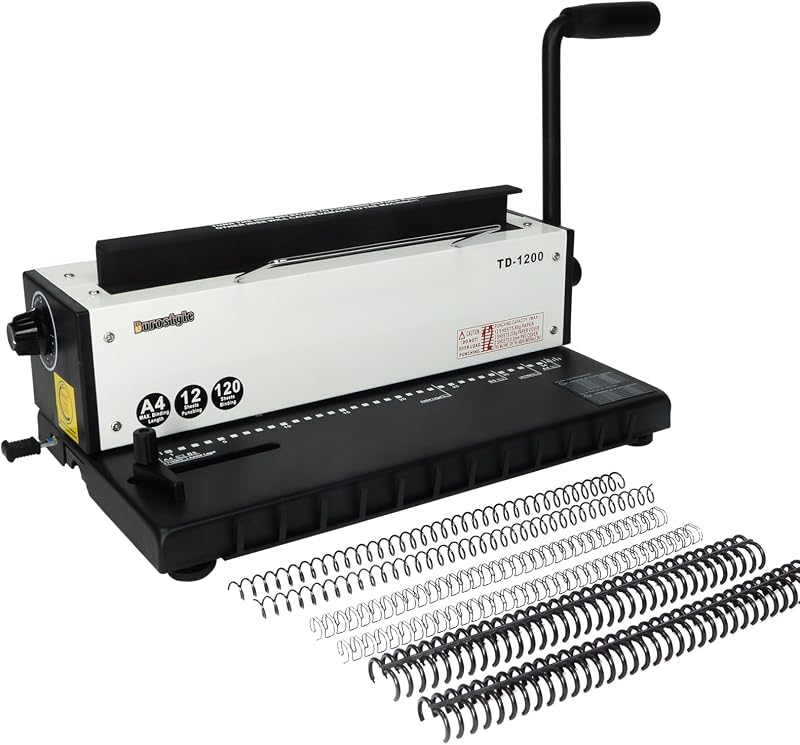 TD-1200 3:1 Wire Binder, 12-Sheet Punch, 120-Sheet Capacity | 3:1 pitch with 34 square holes for A4 sheets, adjustable 3, 5, and 7 mm margins, and a built-in wire closer.