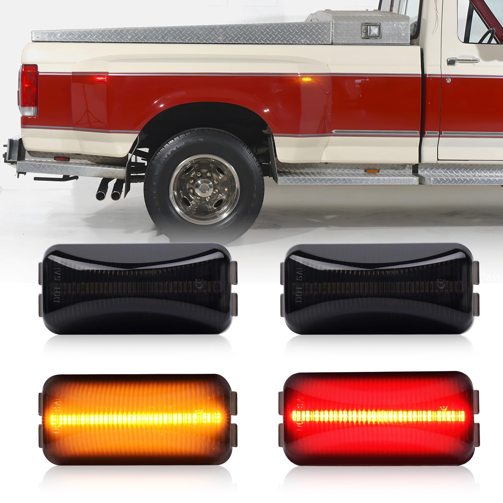 Gempro LED Dually Fender Side Marker Lights for 1984-1996 Ford F250 F350 Amber Red Dual Rear Wheel Trunk Bed Marker Lamps 4PCS, Smoked Len