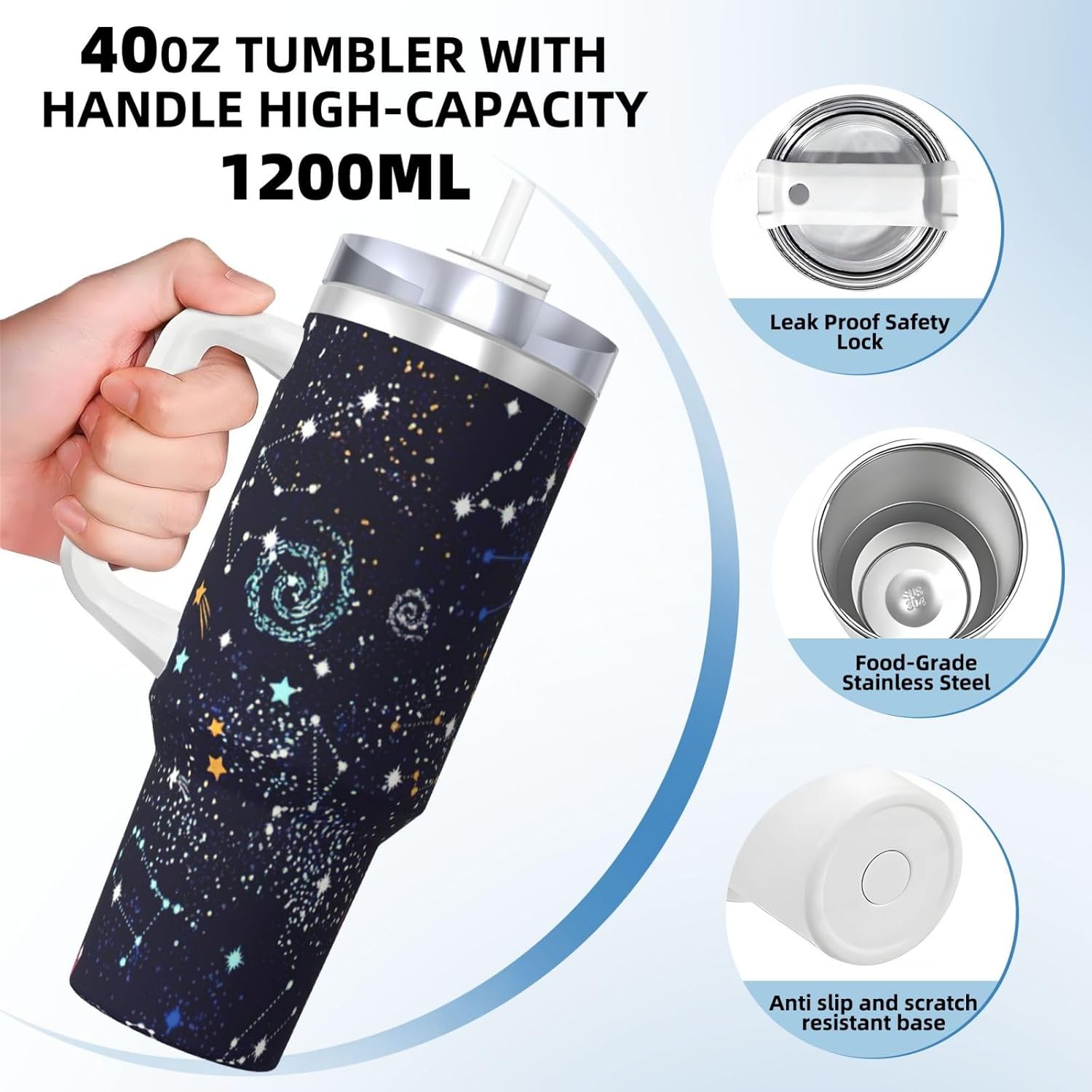 40 OZ Star Constellation Map Print Ice Bully Cup with Handle Straw Lid Straw,Stainless Steel Tumbler Coffee Cup