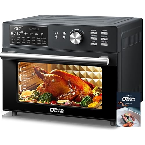 Kitchen in the box 32QT Extra Large Air Fryer Toaster Oven Combo, 21-in-1 Countertop Convection Toaster Oven with Rotisserie and Dehydrate, 6 Accessories, 1800W Dual Cook Preset (Black)