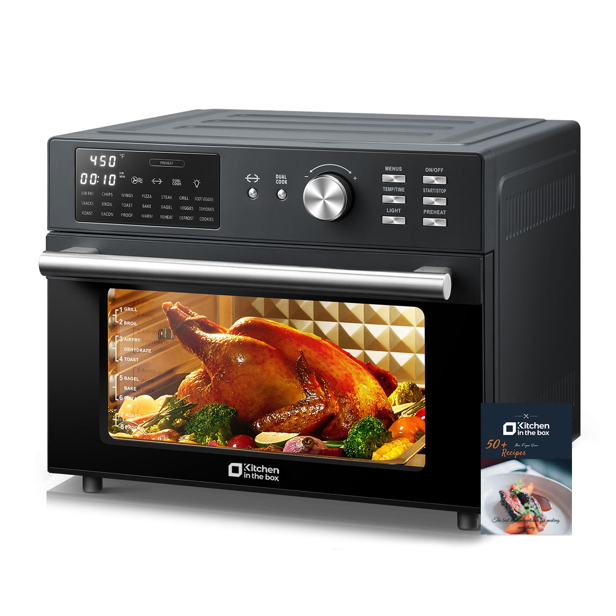 Kitchen in the box 32QT Extra Large Air Fryer Toaster Oven Combo, 21-in-1 Countertop Convection Toaster Oven with Rotisserie and Dehydrate, 6 Accessories, 1800W Dual Cook Preset (Black)
