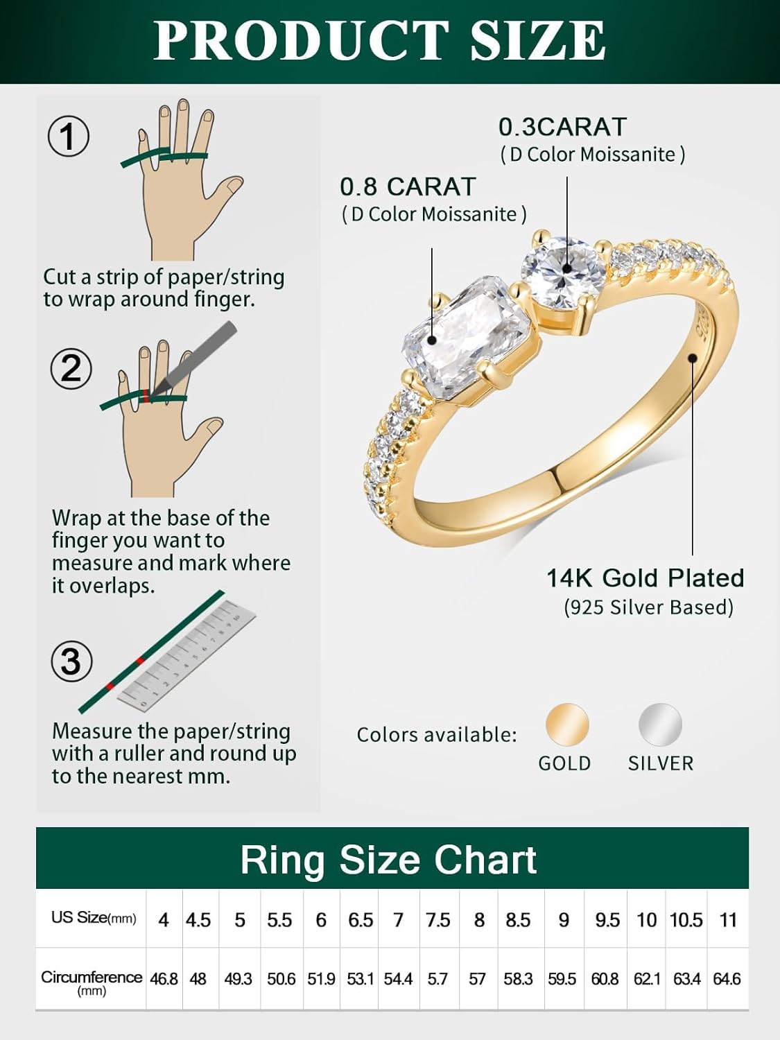 1.0-1.5 Carat Moissanite Eternity Band, Sterling Silver 14K Yellow Gold Plated Rings Jewelry Pear/Emerald Cut Engagement Rings - Toi Et Moi Rings for Women Size 4-10