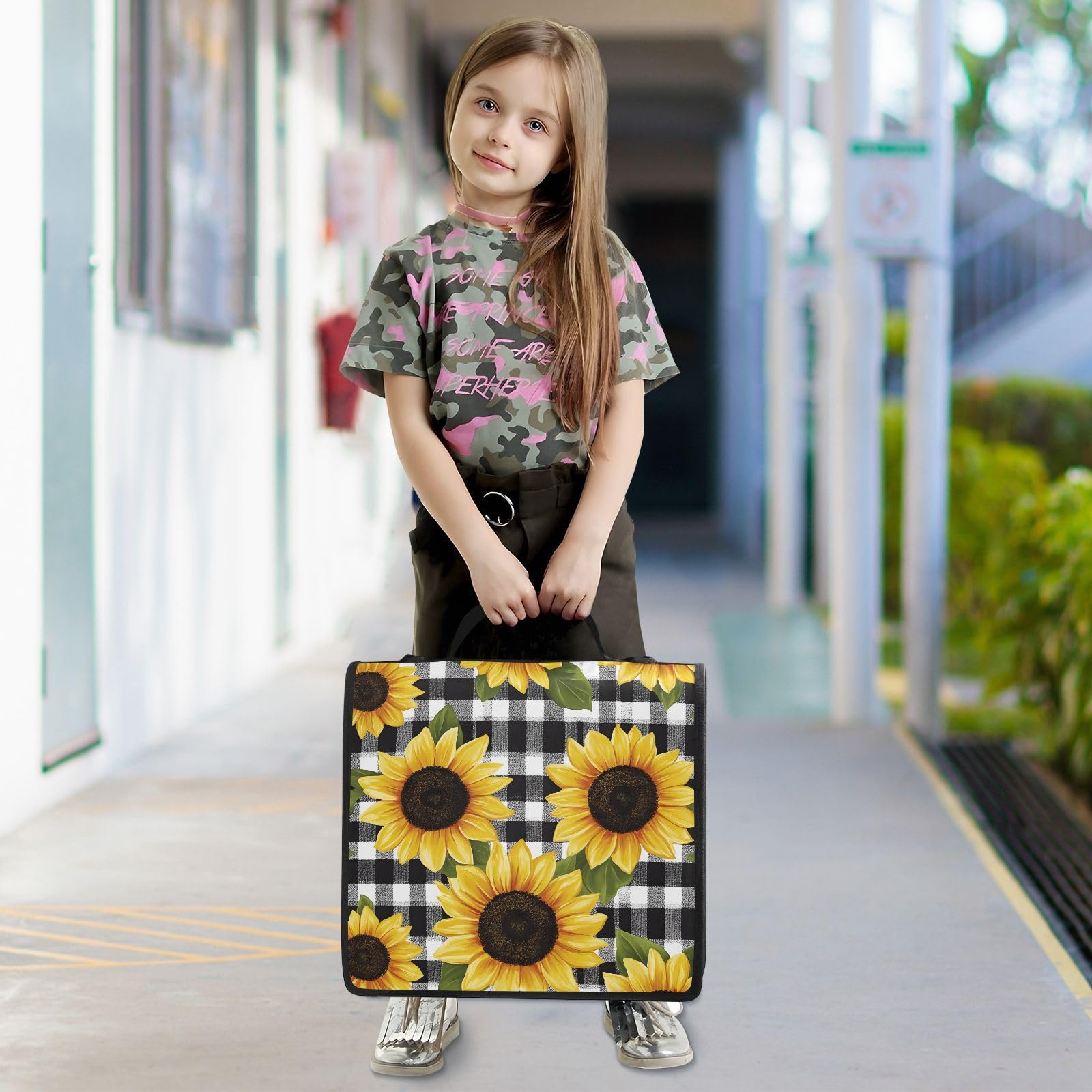 Bindertasche mit Reißverschluss, Sonnenblumen, kariert, 3,8 cm, 3-Ringbuch und mehrere Taschen, 500 Blatt Kapazität, erweiterbarer Aktenordner mit Schultergurten und Griffen, für Schule
