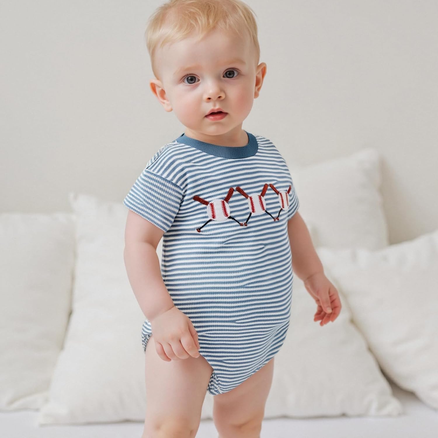 Infant Baby Boy Girl Baseball Outfit Embroidery Stripe Short Sleeve Bubble Romper Waffle Knit Bodysuit Summer Clothes - Image 3