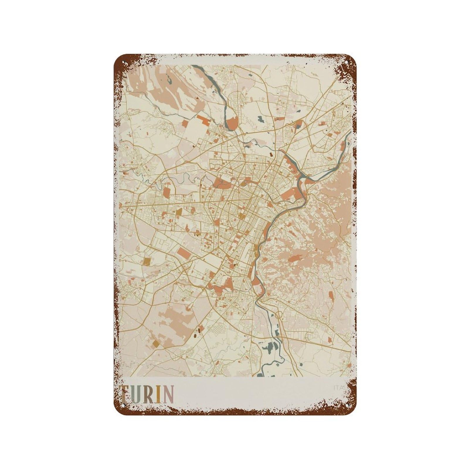 xiaoxiaoshen Turin Map Italy Travel Gift Boho Wall Decor Art Metal Tin Poster Modern Home Decor Art Home Bar Shop Decorations Vintage Sign 30x20cm