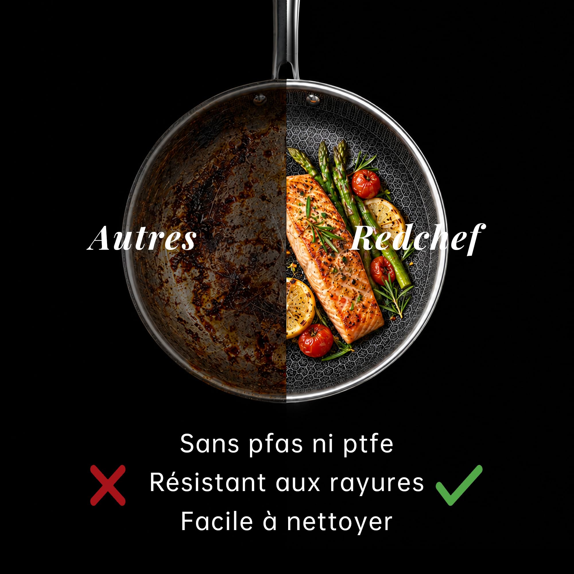 Redchef Poêle hybride en céramique avec poignée thermo-isolante – Compatible lave-vaisselle et four, induction, acier inoxydable triple épaisseur et aluminium – Tous feux (26 cm)