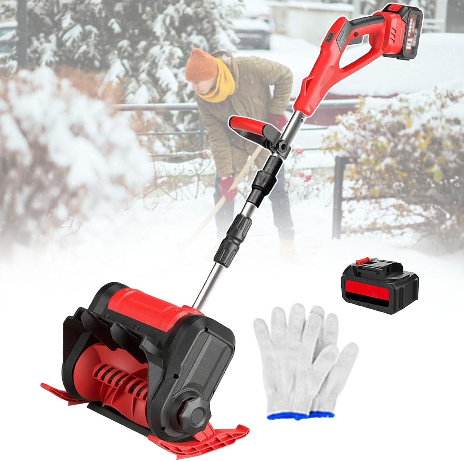 Electric Snow Shovel - Cordless Snow Blower, 3000 mAh Battery Snow Thrower with Foldable Pole + Dual Switch, 3000 RPM, Cleaning Width of Up to 30 cm, for Courtyard/Sidewalk Red-1battery