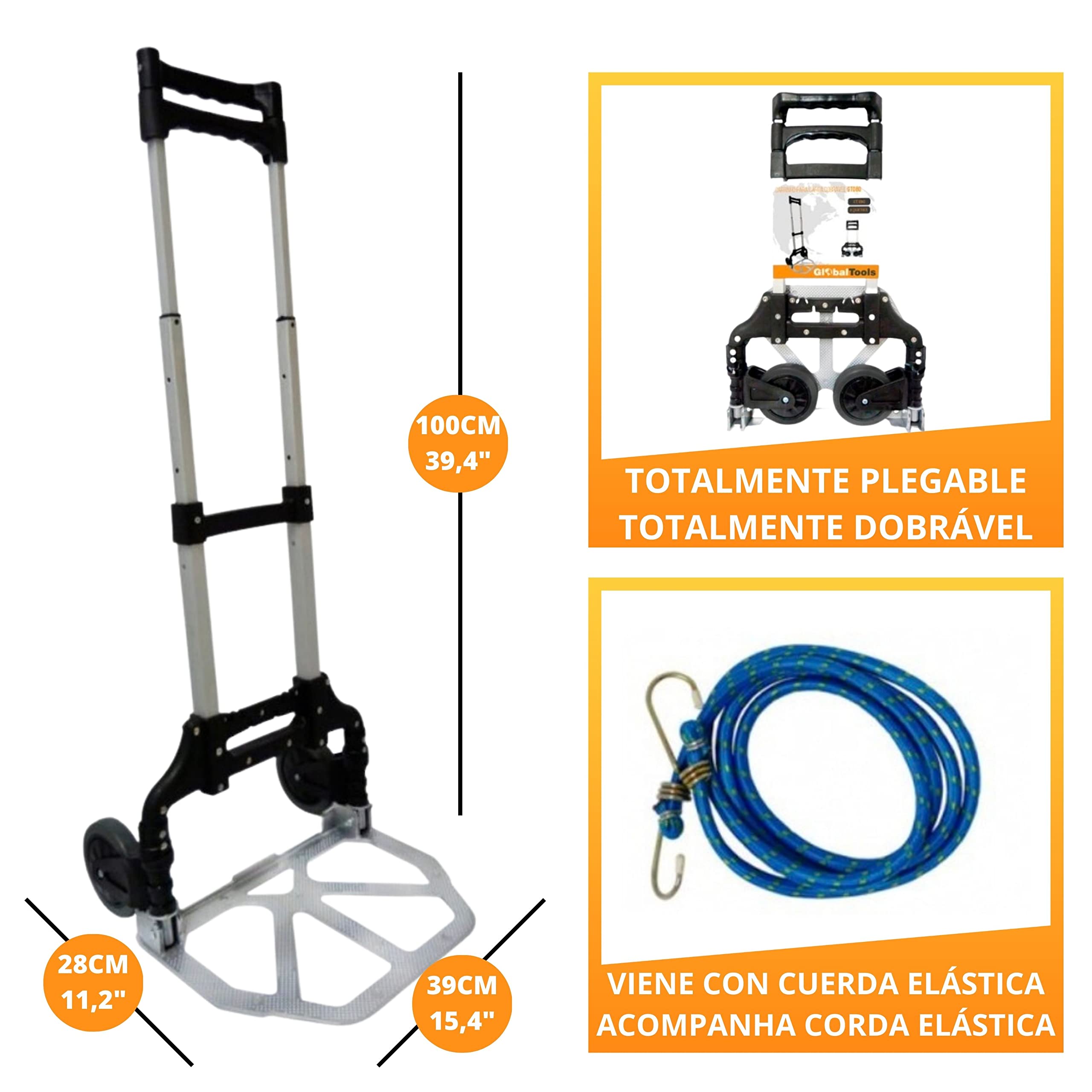 Carretilla de Carga Plegable de Aluminio Capacidad 80kg 176lbs con Elástico - Carrito para Viajes, Mudanza con Asa Telescópica