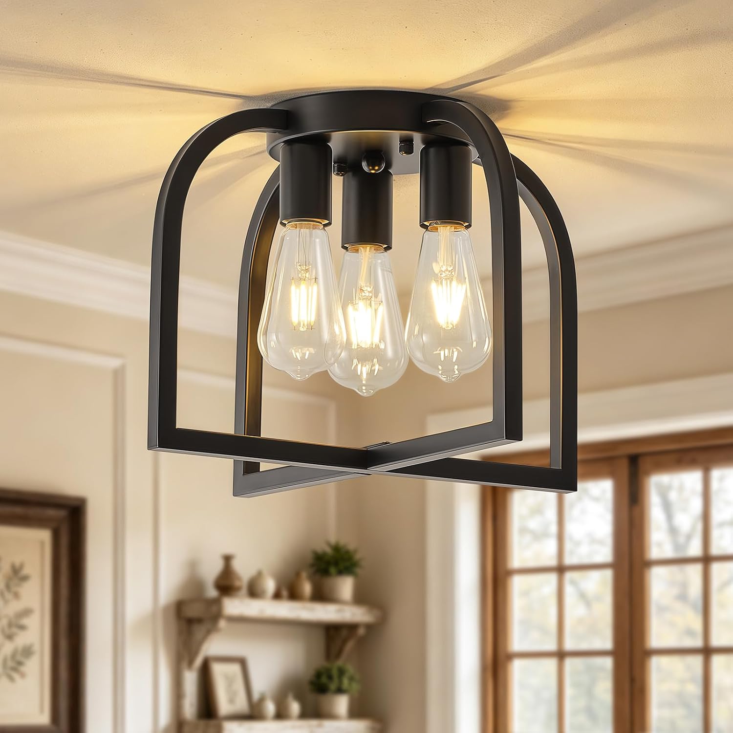 Farmhouse Ceiling Light, 3-Light Farmhouse Light Fixtures, Industrial Black Kitchen Light Fixtures Flush Mount, Small Rustic Ceiling Light for Entryway Foyer Hallway Bedroom Island