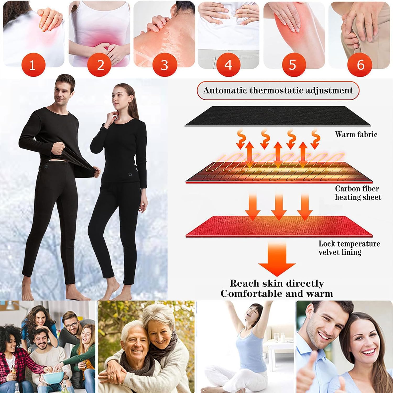 Mens USB Heated Underwear Electric Heating Thermal Cotton Baselayer Underwear and Pants for Winter Outdoor Sports Work