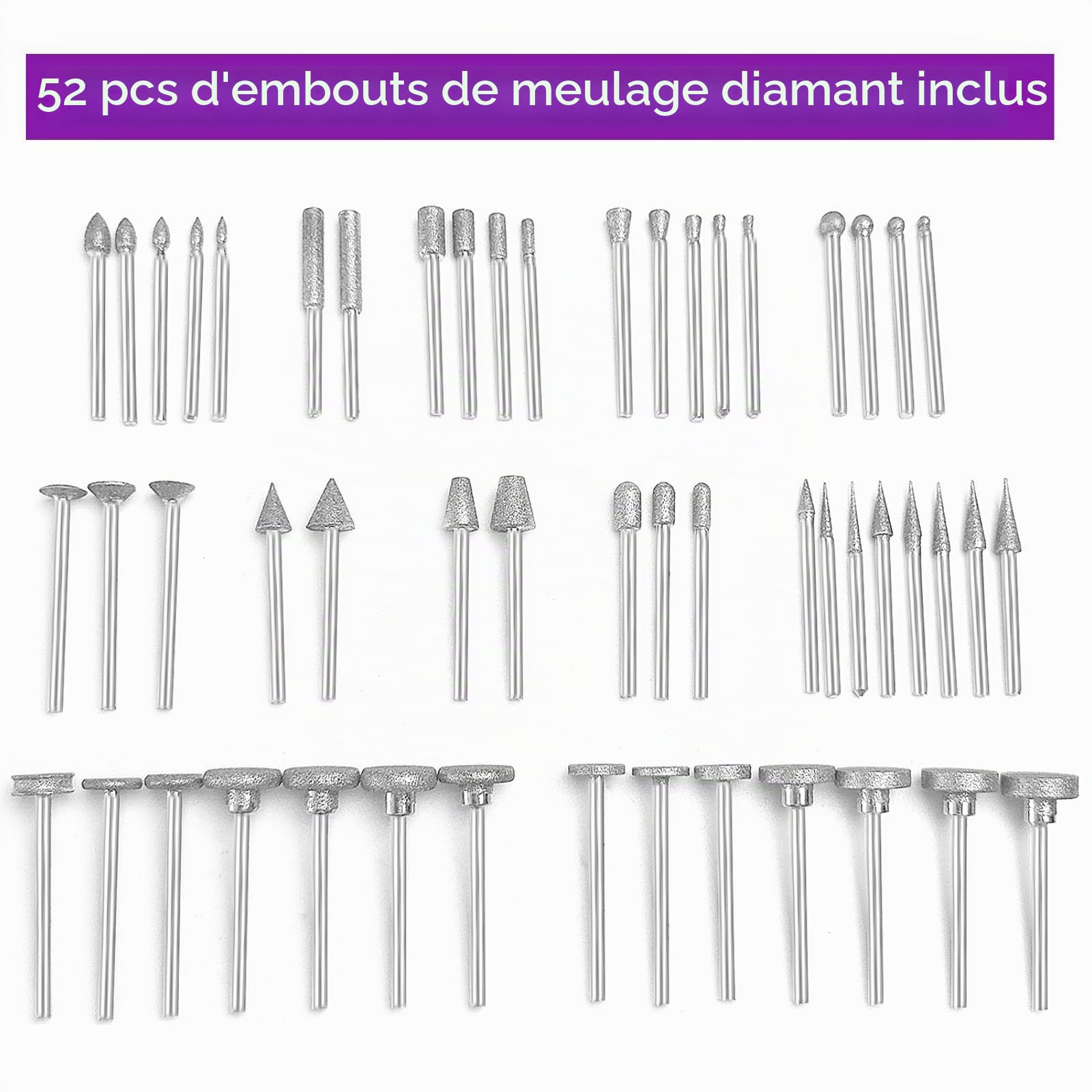 Lot de 52 forets de meulage diamant multifonctionnels compatibles avec Dremel, forets diamantés rotatifs, tige de 3 mm pour pierre, verre, céramique, sculpture, polissage, meulage