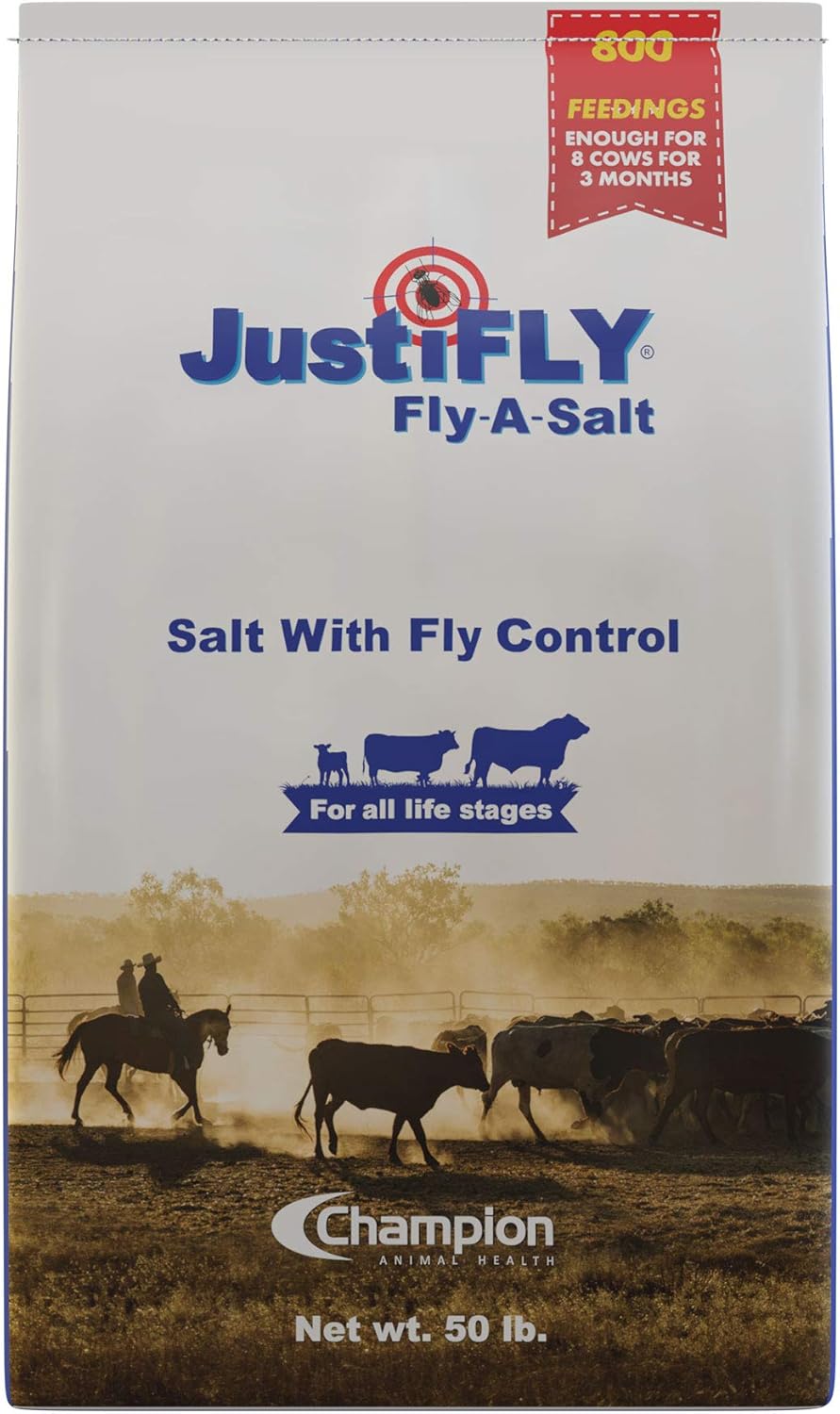 JustiFLY FlyASalt Cattle Fly Control Salt Bag, 50 lb 800 Feedings Per Salt Bag. One Bag