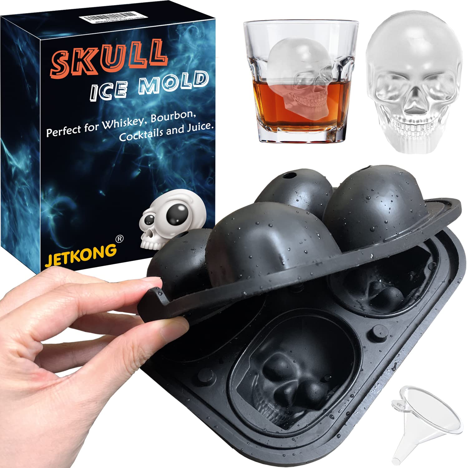 JETKONG Large Skull Ice Mold - 4 Cavity Silicone Skull Ice Maker - Ice Cube Tray for Whiskey, Bourbon, Cocktails and Juice